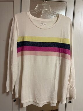 Maurices White Long Sleeve Top with Pastel Yellow Navy Pink and Blush Stripes